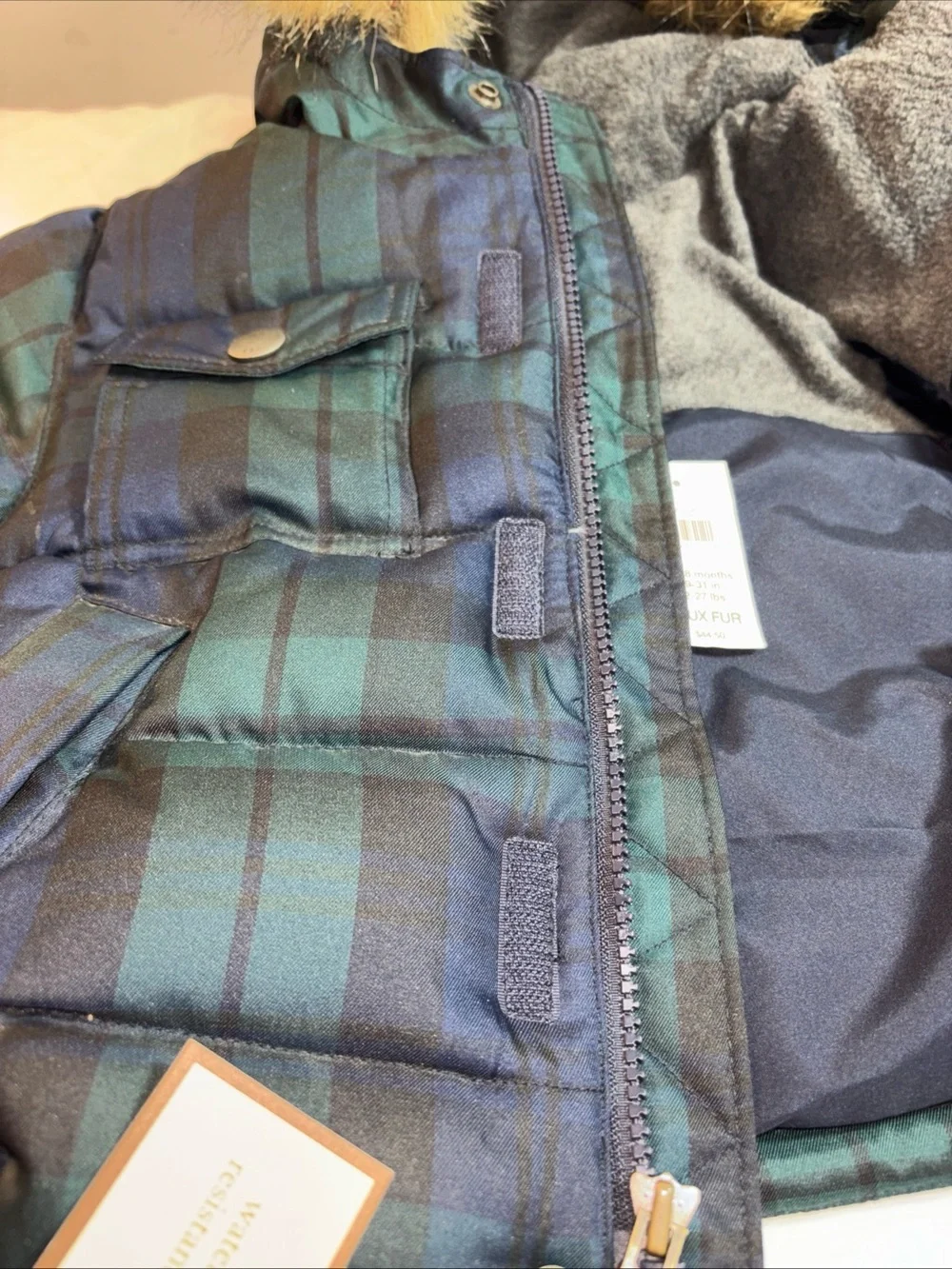 Baby Gap Plaid Puffer Jacket with Faux Fur Hood - Green/Black New!!!  993